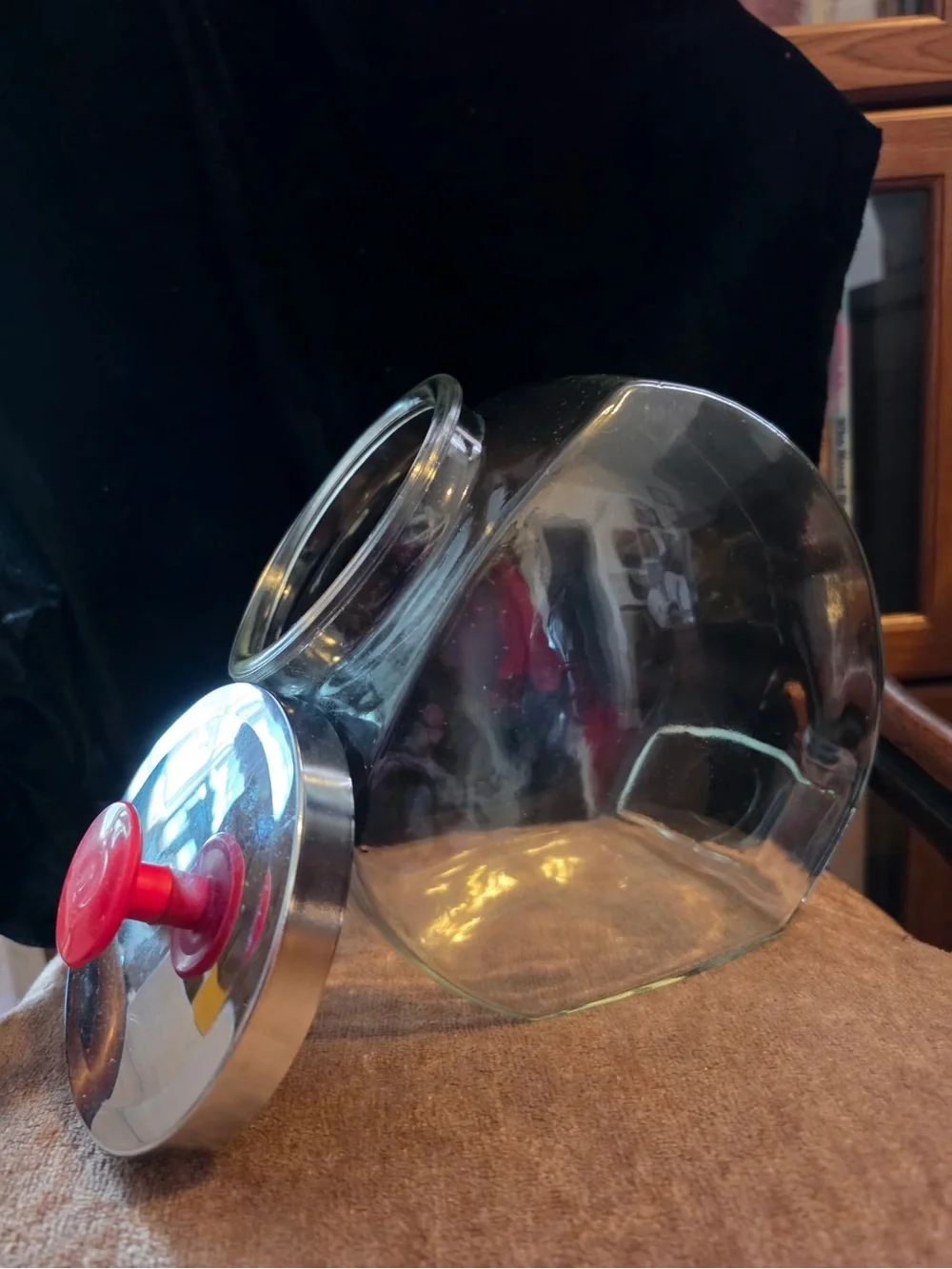 Clear Glass Canister with Silver Lid and Red Knob